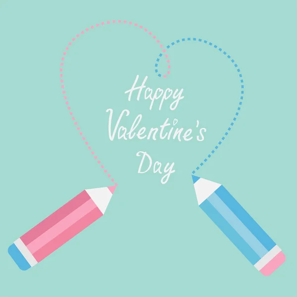 Dois lápis a desenhar um grande traço de coração. Feliz cartão de Dia dos Namorados . — Vetor de Stock