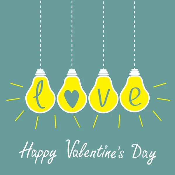 Quatre ampoules jaunes suspendues avec mot amour. Concept d'idée . — Image vectorielle