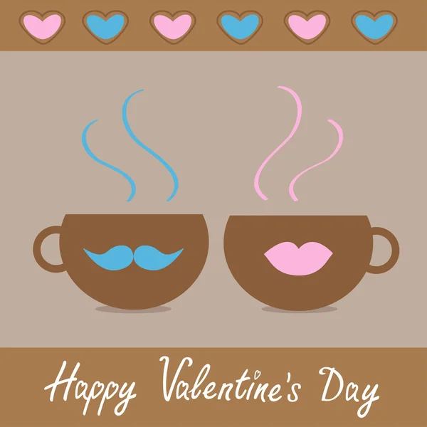 Two teacups with mustache and lips and hearts. — Stock Vector