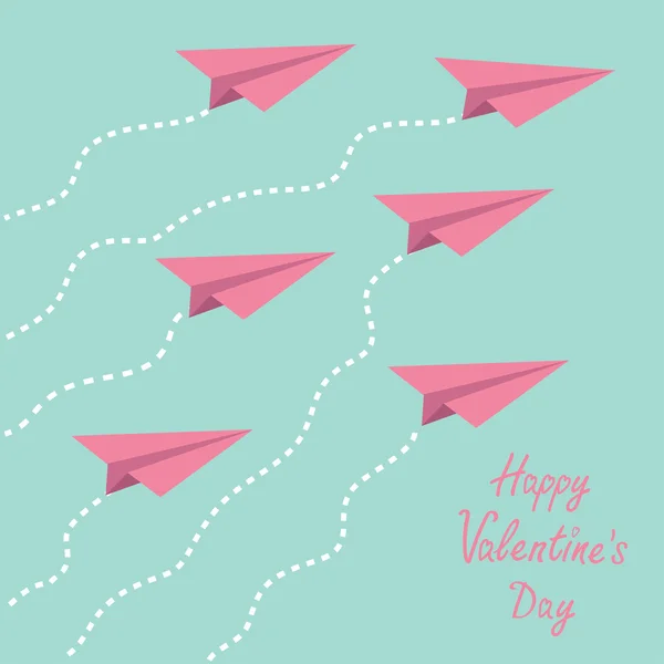 Sex flygande papper flygplan i himlen. glad Alla hjärtans dag-kort. — Stock vektor