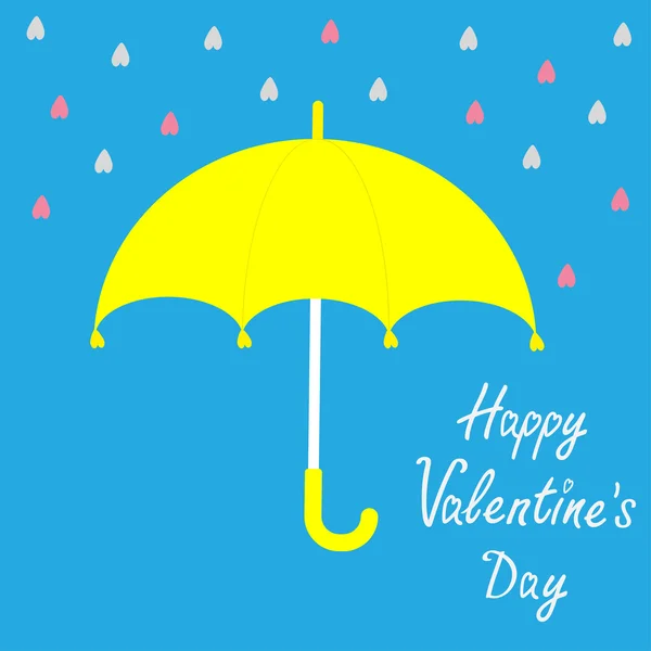 Yellow umbrella. Rain in shape of hearts. Happy Valentines day — Stock Vector