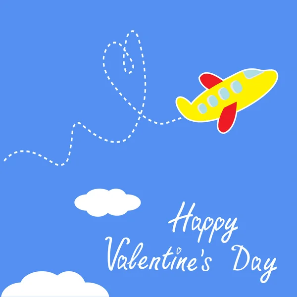 Cartoon-Flugzeug. Herzschlag in den Himmel. fröhlicher Valentinstag — Stockvektor