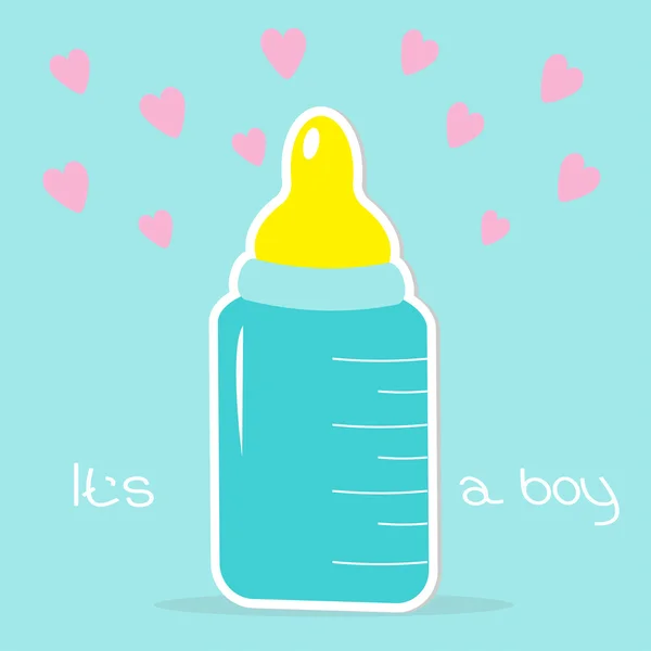 Baby boy bottle. Hearts. Shower card — Stock Vector