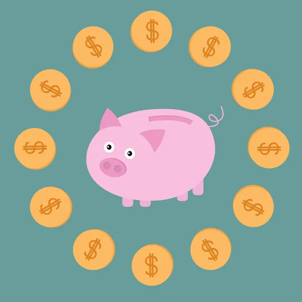 Pink piggy bank and dollar coins. — Stock Vector