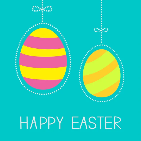Hanging easter eggs with dash line and bow. Happy Easter card. — Stock Vector