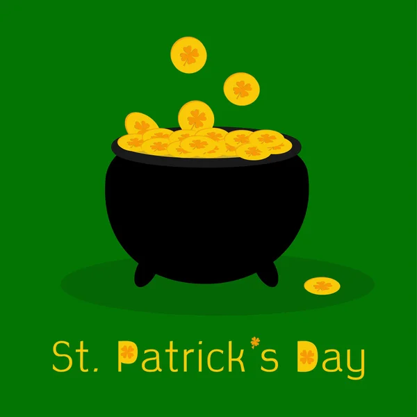 Fekete fazék, tele arany leprechauns érmék szerencsés lóhere. — Stock Vector