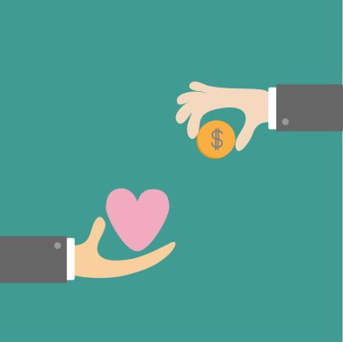 kalp ve para dolar para elle. Konsept değişimi.