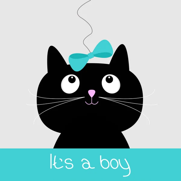 Schwarze Katze mit blauer Schleife. Babyduschkarte. Es ist ein Junge — Stockvektor