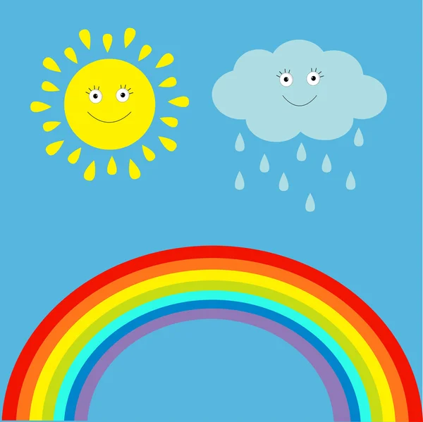 Cartoon-Sonne, Wolken mit Regen und Regenbogen. — Stockvektor