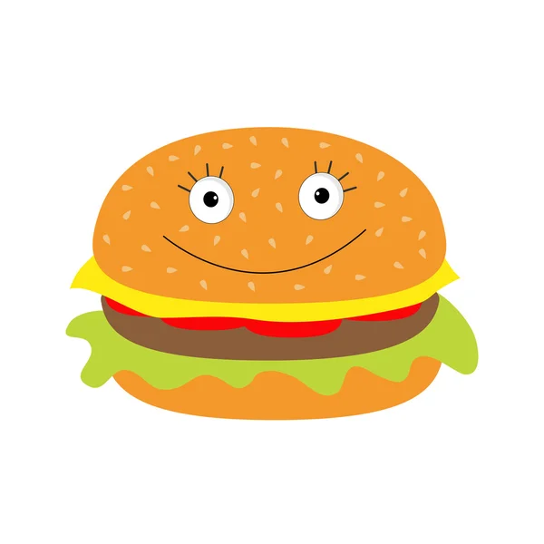 Divertido icono de la hamburguesa de dibujos animados con cara feliz . — Vector de stock