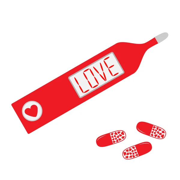 Thermomètre avec mot amour sur l'écran et pilules cardiaques . — Image vectorielle