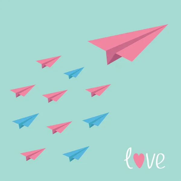 Grand avion en papier rose avec de petits avions. Carte d'amour . — Image vectorielle