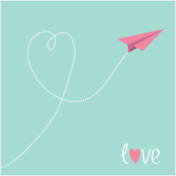 Avion en papier rose origami. Dash coeur dans le ciel bleu. Carte d'amour . — Image vectorielle