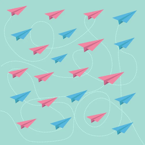 Růžové a modré letadla s tečkovanou čarou. vzor. — Stockový vektor