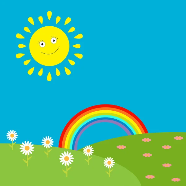 Landschaft mit Sonne, Regenbogen und Blumen. — Stockvektor