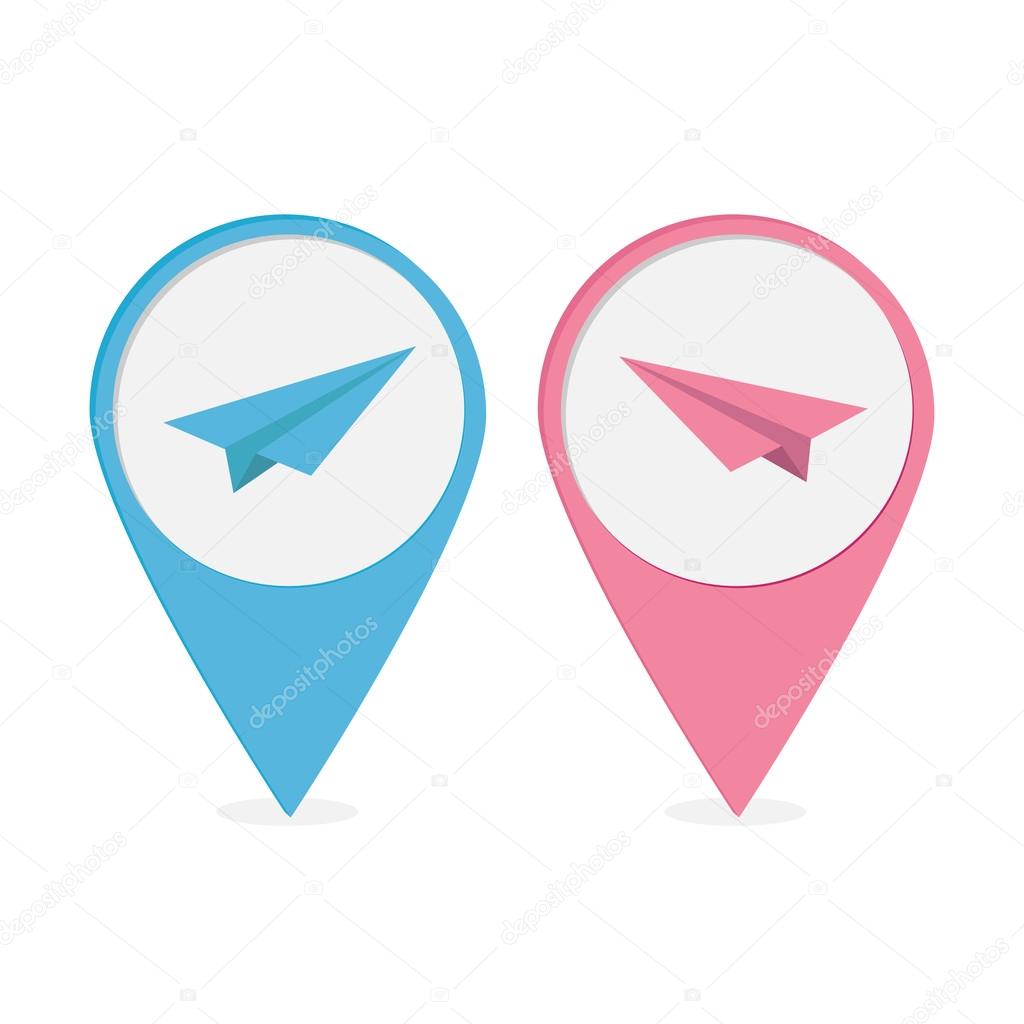 Set of map pointers  with origami paper plane icon.