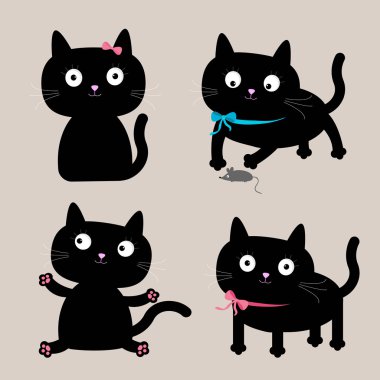 sevimli çizgi siyah kedi seti.