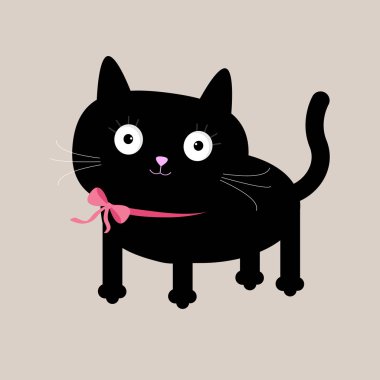 Cute cartoon black cat with pink bow at the neck.  clipart