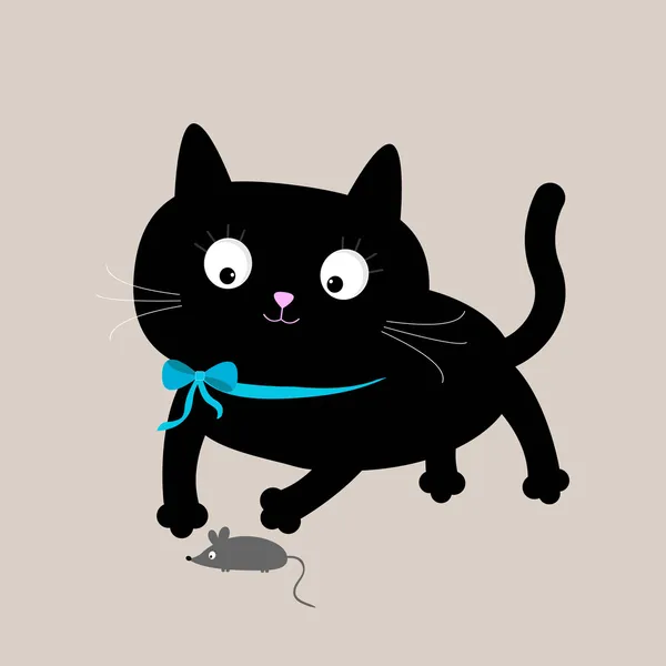 Cute cartoon black cat with mouse. Funny animal. — Stock Vector