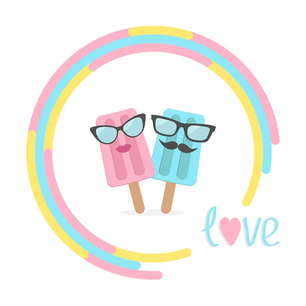 Ice cream couple with lips, mustaches and eyeglasses in the circ — Stock Vector