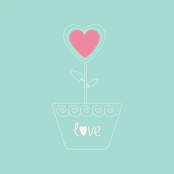 Flor de coração em vaso. Cartão de amor rosa e azul. Projeto plano . — Vetor de Stock