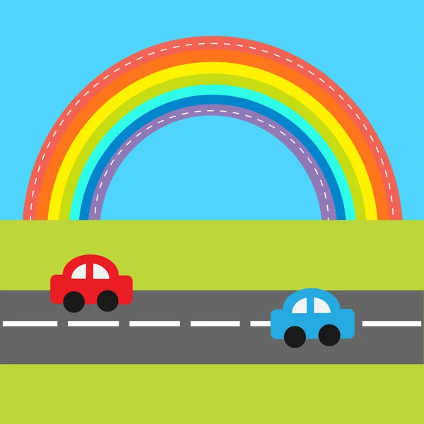 Carros de desenhos animados sobre arco-íris — Vetor de Stock