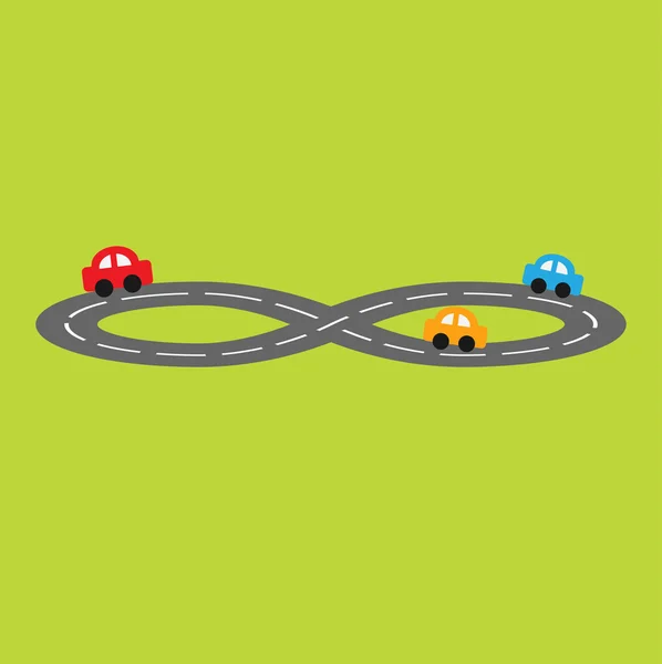 Road in shape of infinity sign and cartoon cars — Stock Vector