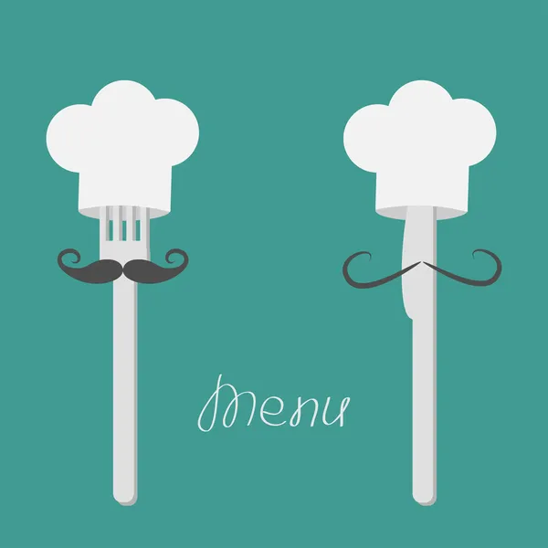 Two forks with big mustaches and chefs hats — Stock Vector