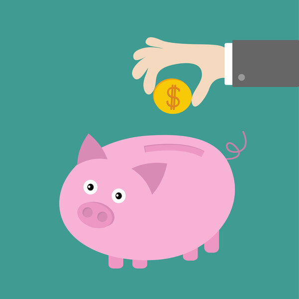 Hand and piggy bank with dollar coin