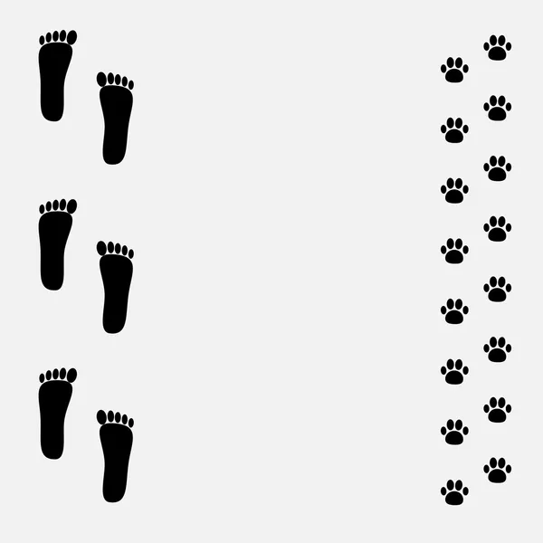 Bare foot print and paw print black frame. — Stock Vector