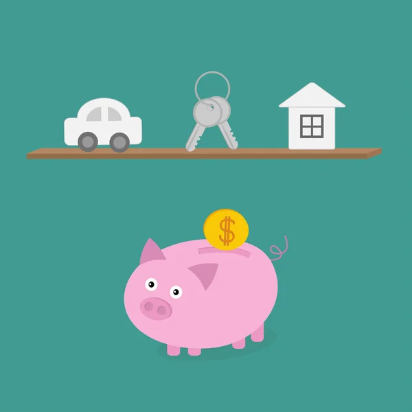 Piggy bank en plank met toetsen — Stockvector