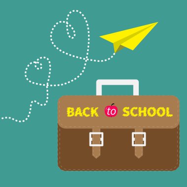 okul çantası evrak çantası ve sarı kağıt uçağı dash çizgi Kalpler.