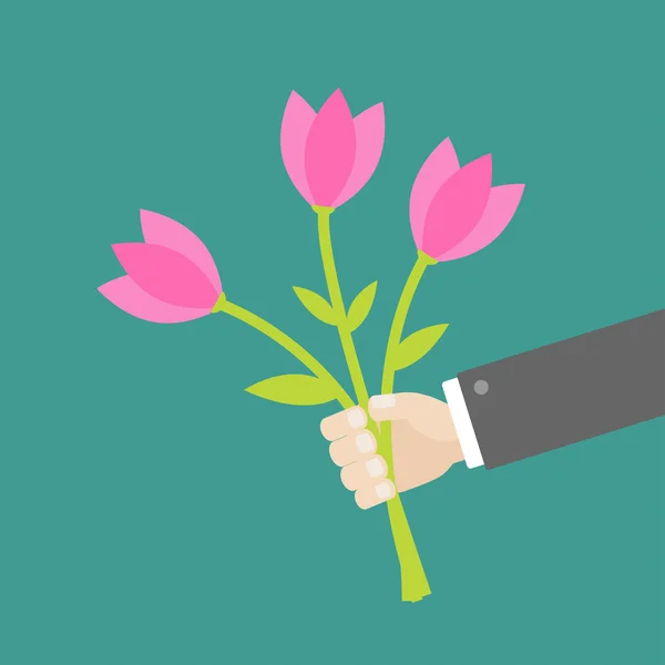 Biznesmen ręka trzyma bukiet kwiatów tulipan różowy — Wektor stockowy