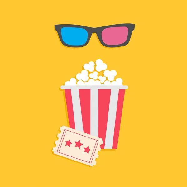 3D glasses big popcorn and ticket — Stock Vector
