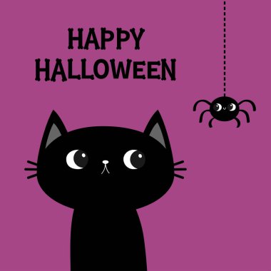 Mutlu Cadılar Bayramı. Kara kedi yavrusu. Asılı örümcek. Kemik yazı tipi. Kemik harfi tipi. Tatlı çizgi film karakteri Kawaii. Evcil bebek koleksiyonu. Tebrik kartı. Düz dizayn. Violet geçmişi. İzole Vektör