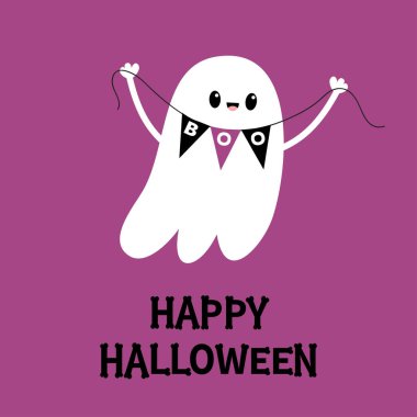 Mutlu Cadılar Bayramı. Uçan hayalet ruhunun elinde Bunting Boo bayrağı var. Kemik yazı tipi. Kemik harfi tipi. Korkunç beyaz hayaletler. Şirin, tuhaf çizgi film karakteri. Violet geçmişi. Tebrik kartı Düz Tasarım Vektörü