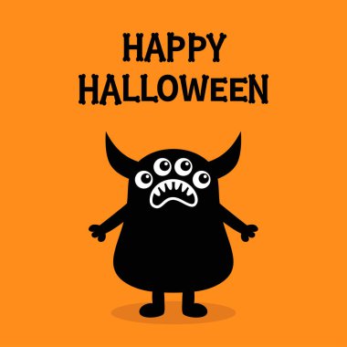 Mutlu Cadılar Bayramı. Canavar siyah siluet. Boynuzlar, gözler, sivri dişler. Kemik yazı tipi. Kemik harfi tipi. Şirin kawaii çizgi film karakteri. Bebek koleksiyonu. Düz dizayn. Turuncu arka plan. Vektör
