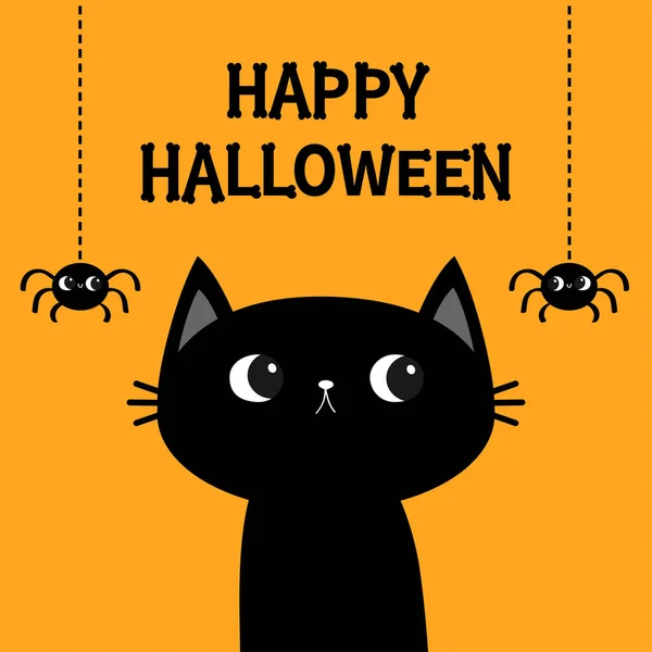 Fijne Halloween Zwarte Kat Katje Twee Hangende Spin Beenderen Tekst — Stockvector