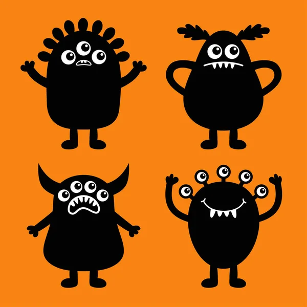 Frohes Halloween Monster Icon Set Lustige Gesicht Kopf Körper Schwarze — Stockvektor