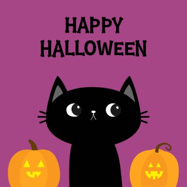 Kara kedi yavrusu. İki balkabağı seti. Mutlu Cadılar Bayramı. Kemik yazı tipi. Kemik harfi tipi. Tatlı çizgi film karakteri Kawaii. Evcil bebek koleksiyonu. Tebrik kartı. Düz dizayn. Mor arkaplan izole edilmiş Vektör