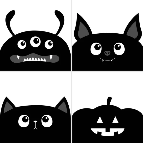 黒猫子猫の頭の顔 バット モンスター カボチャのセット ハロウィン かわいい漫画面白いペットキャラクター グリーティングカードのテンプレート フラットデザイン 白地だ 隔離されてる — ストックベクタ