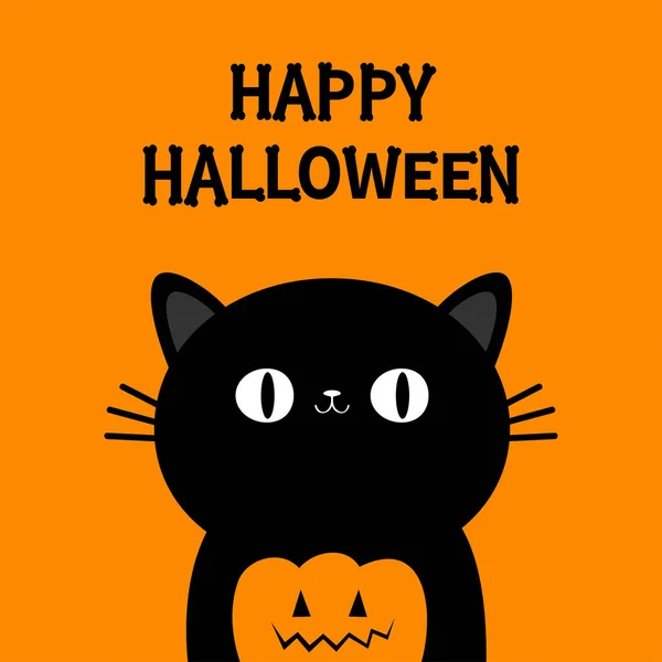 Black Cat Kitten Head Face Pumpkin Happy Halloween Bones Text — Stock Vector