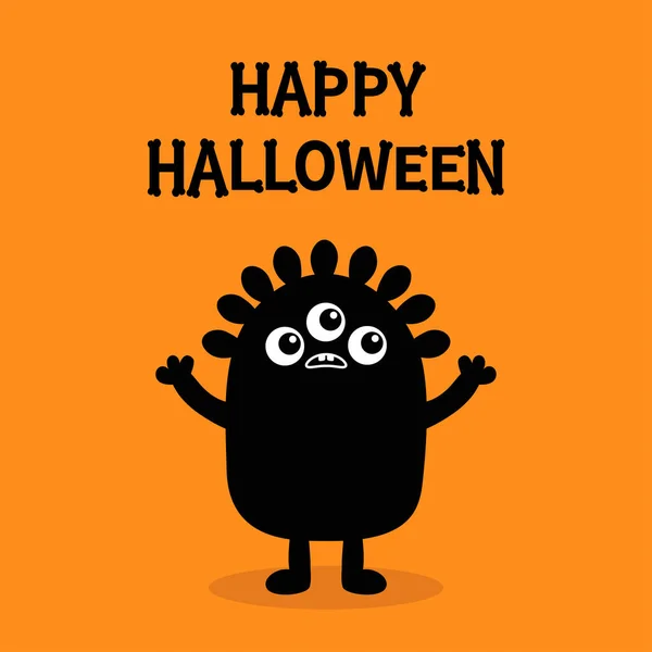 Happy Halloween Monster Black Silhouette Three Eyes Fang Tooth Bones — Stock Vector