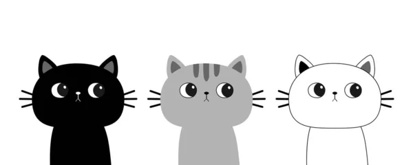 Katzensatz Vorhanden Schwarzes Graues Weißes Kätzchengesicht Schaut Seitwärts Nette Zeichentrickfigur — Stockvektor
