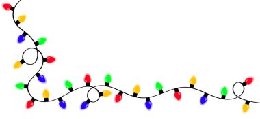 Noel ışıkları ayarlandı. Dekorasyon köşesi. Renkli ip perisi ışığı. Çizgi film bayramı şenlik xmas dekoru. Parlayan bir çelenk hattı. Gökkuşağı rengi. Düz dizayn. İzole edilmiş. Beyaz arka plan. Vektör