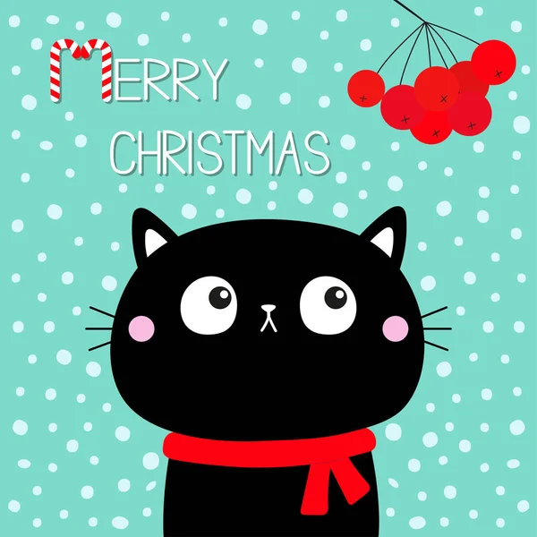 圣诞快乐 糖果手杖 猫科动物仰起了头 望着树莓 红领巾可爱的卡通卡瓦伊角色 宠物狗宝宝系列 圣诞贺卡 平面设计 蓝色雪地背景 — 图库矢量图片