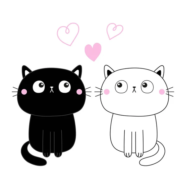 Schwarz Weißes Katzenset Rosa Herz Konturlinie Netter Cartoon Sitzende Kitty — Stockvektor