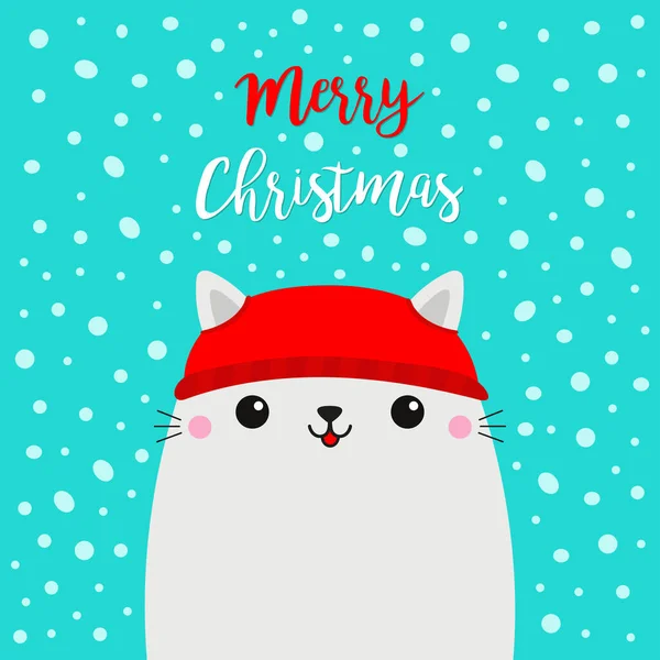 Merry Christmas White Cat Kitten Kitty Head Face Red Hat — Stock Vector