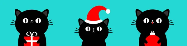 メリークリスマス キャット子猫のセットは赤いギフトボックス クリスマスボールを持っています 漫画のカワイイキャラクター かわいい顔のアイコン 赤いサンタの帽子 面白い赤ちゃんペット動物 フラットデザイン 青の背景 ベクターイラスト — ストックベクタ