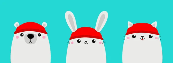 白熊兔子猫猫科动物头套 红帽子圣诞快乐 新年快乐 可爱的卡通片Kawaii婴儿角色 有趣的动物 平面设计 蓝色背景 — 图库矢量图片